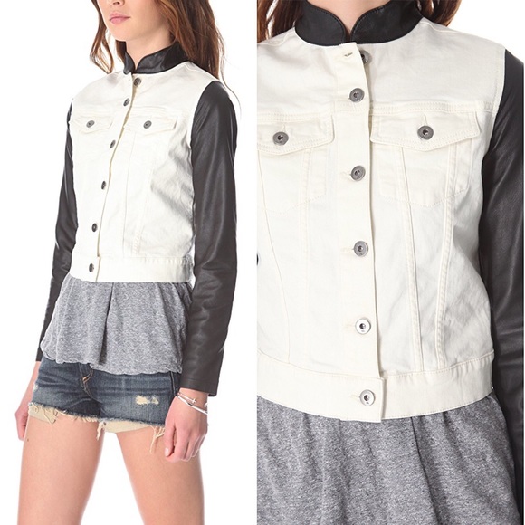 DL1961 White Denim Black Leather Moto Rocky Jacket - Picture 2 of 4